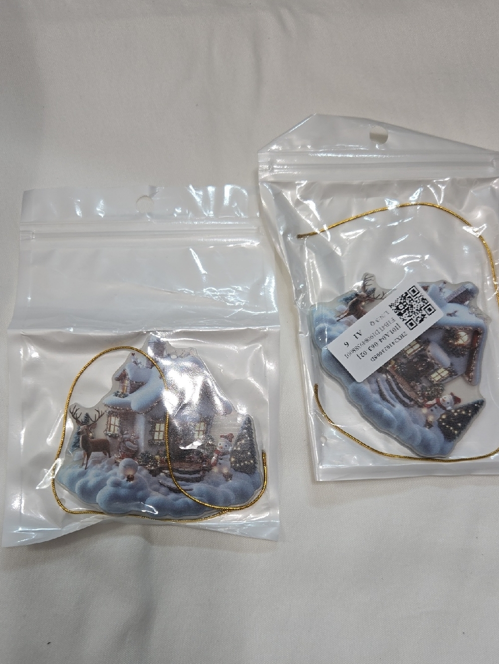 Winter Cottage Hanging Ornaments - Blue Snowy Scene (Set of 2)